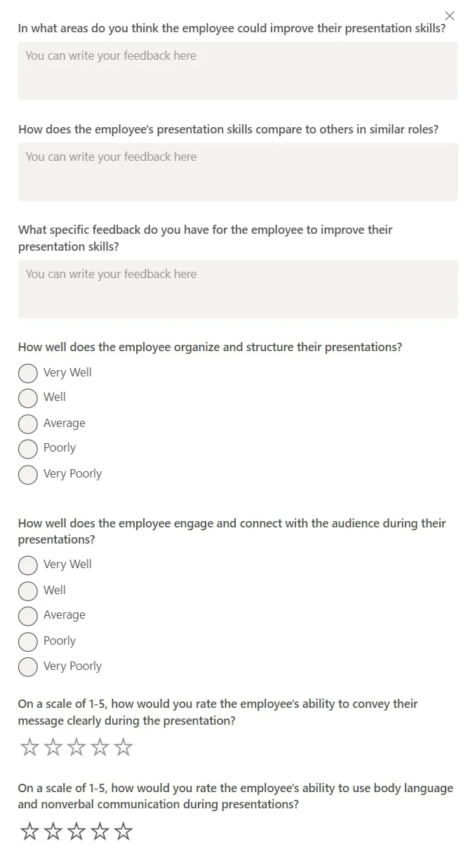 teamflect presentation skills feedback template with questions